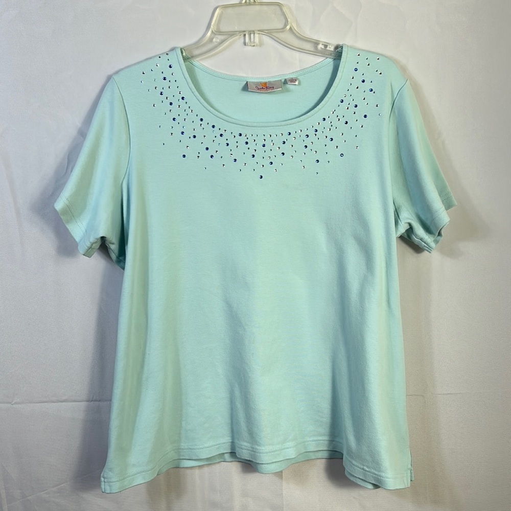 Quaker Factory Blue Short Sleeve Top With Sparkle around neck. Size 1x. Like New